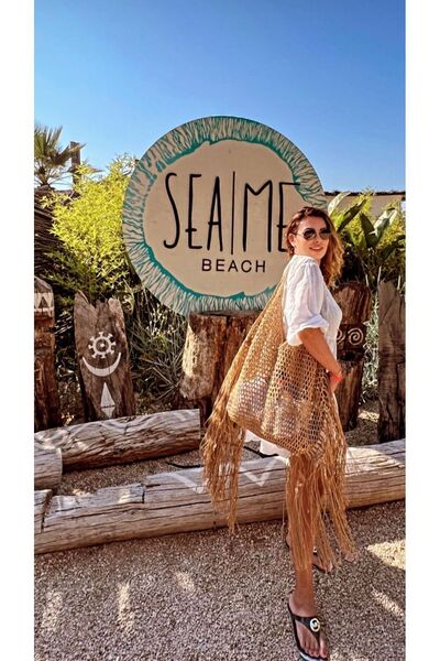 WOMANBAG Neon Sarı El Yapimi Püsküllü Salaş Hasir Tasarim Plaj Çantasi