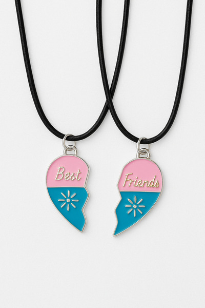 MakeWell Best Friends Tavşanlı Kalpli Gülen Yüzlü Arkadaşlık Kolyeleri Deri İpli 2li Kolye