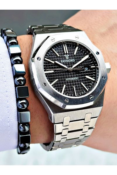 Raymond Silver Color Skeleton Automatic Business Men's Wrist Watch + Bracelet