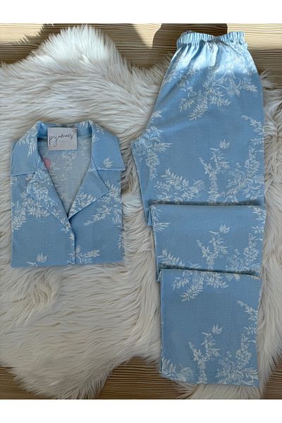 Pijamacs Set de pijamale cu guler de cămașă cu mânecă scurtă din bumbac cu modele florale albastru peste ecru