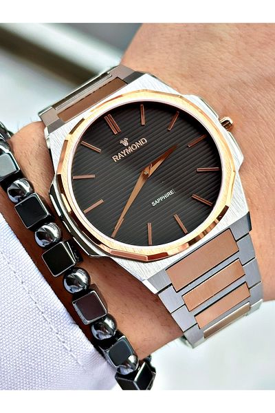 Raymond Silver Color Slim Case Classic Case Band Steel Men Wristwatch + Bracelet