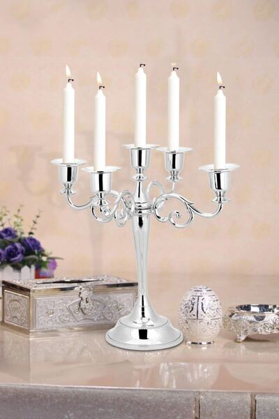 Chavin 5 Gözlü Şık Restoran Düğün Şamdan Dekoratif metal Silver Mumluk mt156slv