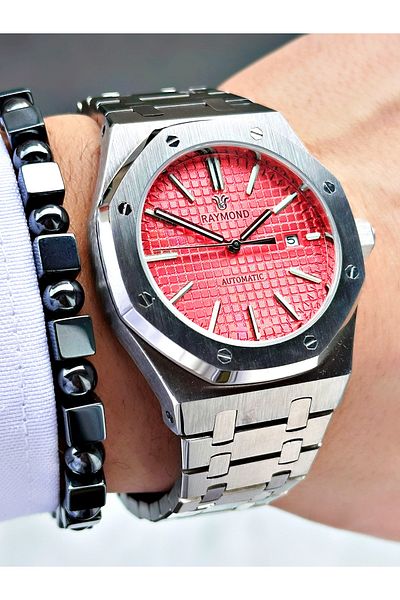Raymond Silver Color Skeleton Automatic Business Men's Wrist Watch + Bracelet