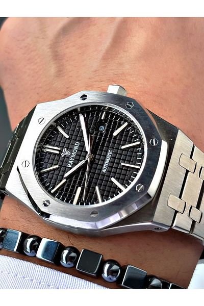 Raymond Silver Color Skeleton Automatic Business Men's Wrist Watch + Bracelet