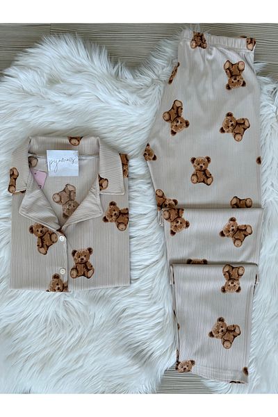 Pijamacs طقم بيجامة بيجامة بيجامة بأكمام قصيرة منقوشة على شكل دمية دب إكرو