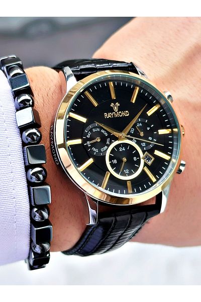 Raymond Black Functions Active Steel Case Men's Wrist Watch + Bracelet