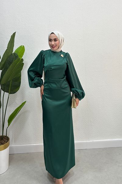 Tarzım Tuba Balloon Sleeve Satin Graduation Evening Dress with Metal Detail on the Collar