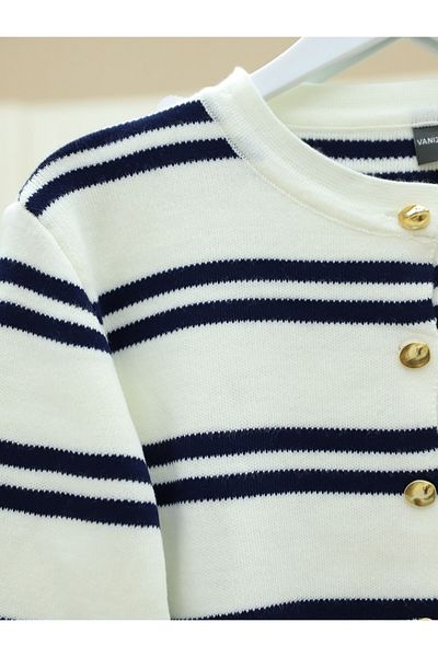 Modamorfo Shiny Buttoned Striped Knitwear Cardigan -White