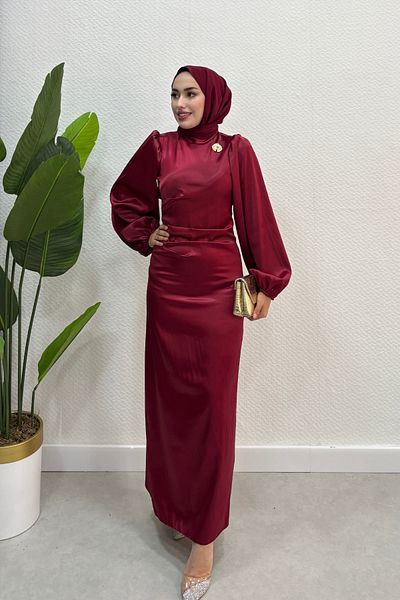 Tarzım Tuba Balloon Sleeve Satin Graduation Evening Dress with Metal Detail on the Collar