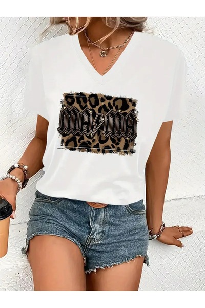 WOODROFFE Tricou de damă, negru, alb, cu decolteu în V, cu imprimeu leopard, ...