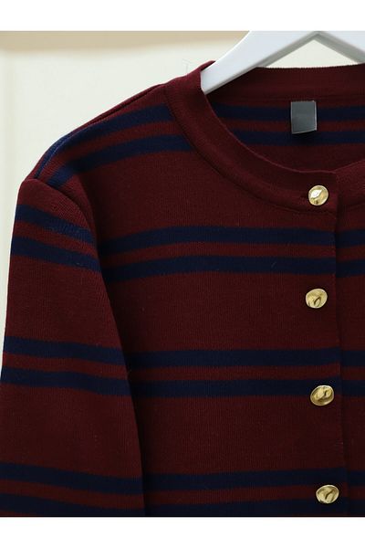 Modamorfo Shiny Buttoned Striped Knitwear Cardigan - Burgundy