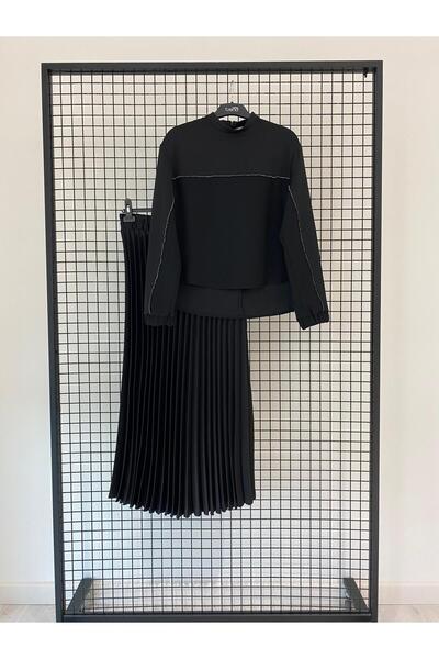 Armine TREND Breast and Arm Stone Detailed Skirt and Elastic Waist Pleated Skirt Top and Bottom Set