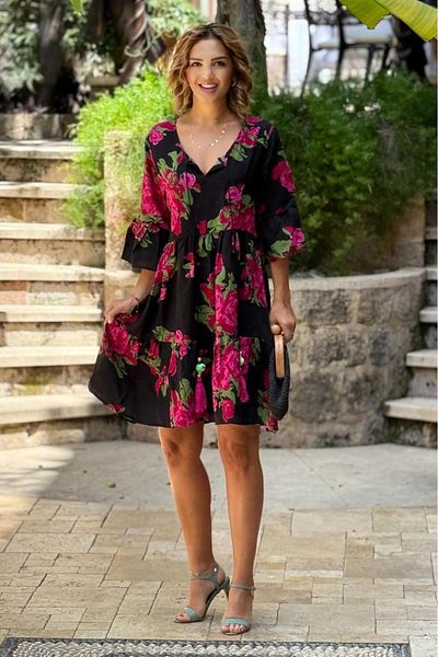 Nevin Kaya Moda Rochie vintage cu ciucuri cu trandafiri negri violet