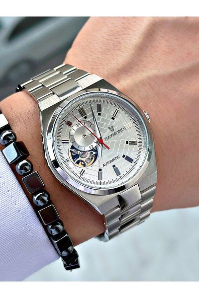 Raymond Silver Color Sk Mechanism Steel Business Men's Wrist Watch + Bracelet