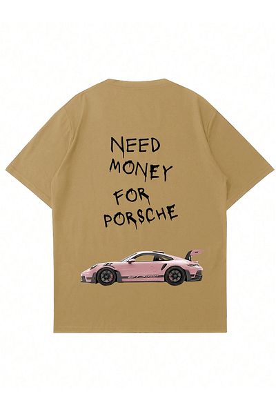 Mad&Calf Tricou oversize unisex Need Money For Porsche, cu mânecă scurtă, cu decolteu, imprimat