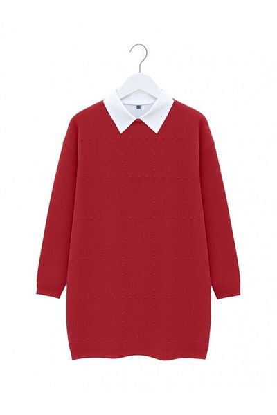 Modamorfo Round Neck Pompom Detailed Loose Knitwear Tunic -Red