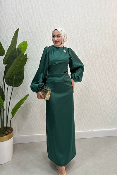 Tarzım Tuba Balloon Sleeve Satin Graduation Evening Dress with Metal Detail on the Collar