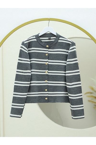 Modamorfo Shiny Buttoned Striped Knitwear Cardigan - Smoked