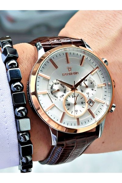 Raymond Coffee Color Functions Active Steel Case Men Wristwatch + Bracelet