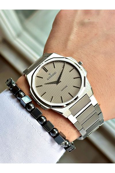 Raymond Silver Color Slim Case Classic Case Cord Steel Men's Wristwatch + Bi̇Lekli̇K