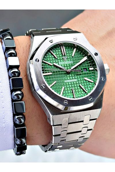 Raymond Silver Color Skeleton Automatic Business Men's Wrist Watch + Bracelet