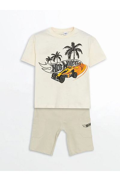 LC Waikiki Lcw Kids Beige Hot Wheels Printed Boys T-Shirt and Shorts Pack of 2