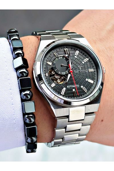 Raymond Silver Color Sk Mechanism Steel Business Men's Wrist Watch + Bracelet