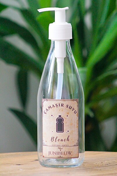 junibeliw Vintage Beyaz Pompa Boş Cam Şişe Çamaşır Suyu Etiketli 330ml