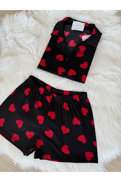Pijamacs Set de pijamale cu pantaloni scurți Pegasus cu model de inimă roșie pe negru