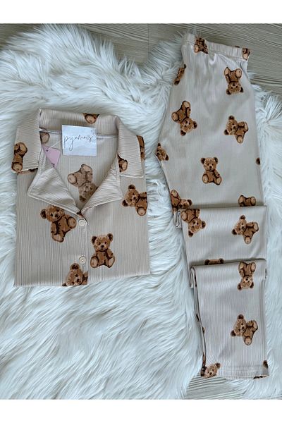 Pijamacs طقم بيجامة بيجامة بيجامة بأكمام قصيرة منقوشة على شكل دمية دب إكرو