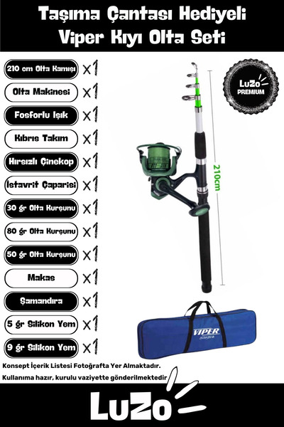 LuZo Premium Seri Hazır Kurulu Taşıma Çantalı 3 M Kamış Hediyeli Balık Viper Kıyı Olta Seti
