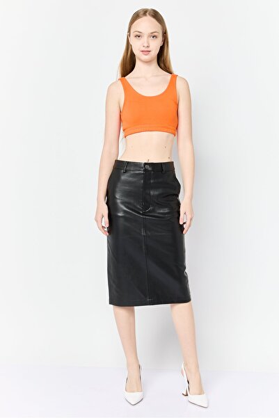 Esprit Women Plain Leather Midi Skirt, Black