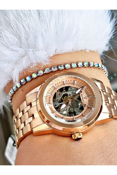 Raymond Silver Color Steel Case Cord Skeleton Business Automatic Women Wristwatch + Bracelet