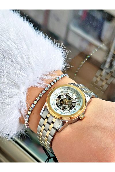 Raymond Silver Color Steel Case Cord Skeleton Business Automatic Women Wristwatch + Bracelet