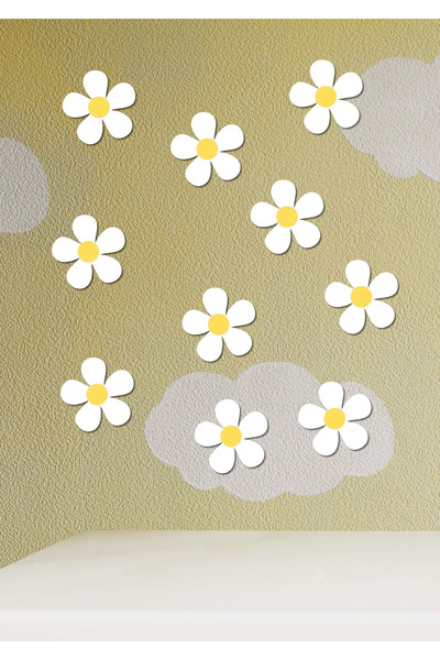 NT Handmade Beyaz Ahşap 10 Adet Papatya Duvar Dekoru Salon Oturma Yatak Çocuk...
