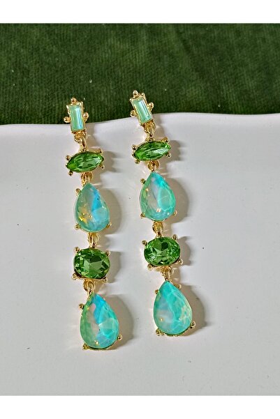 mos&more Yeşil Zirkon Taşlı Sallantılı Uzun Abiye Kadın Küpe