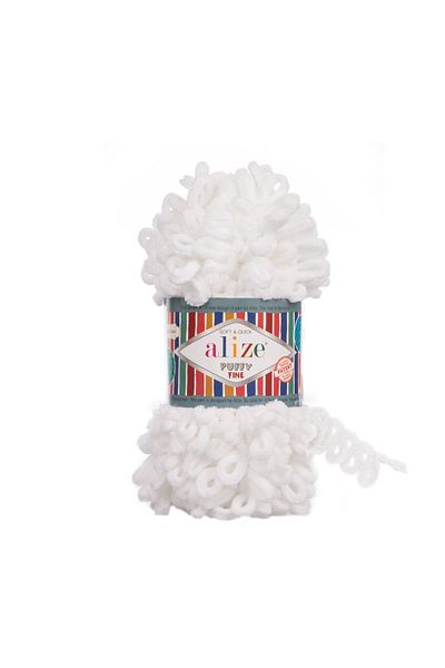 Alize 55 White - Single Puffy Fine Hand Knitting Yarn, Small Bowknot 100 Gr. 14.5Mt. Finger Lanyard and Blanket Lanyard