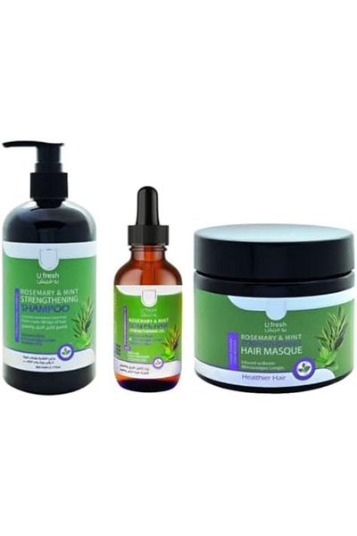 U FRESH Set with Rosemary & Mint Hair Oil, Shampoo, Hair Mask, and Strengthening Oil