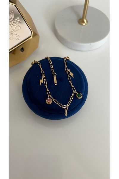 SU PERİSİ TAKI BİJUTERİ Steel Gold Colorful Zircon Stone and Lightning Detailed Anklet