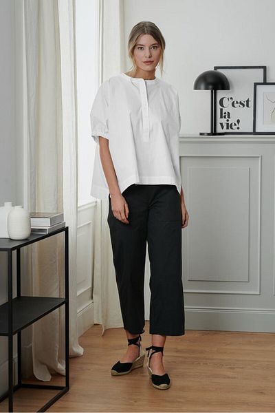 Tchibo Women Band Collar Short Sleeves Plain Top, White