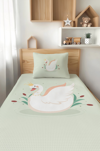 Talia Home Green Swan Patterned Single Child Pique Set Tlap-221
