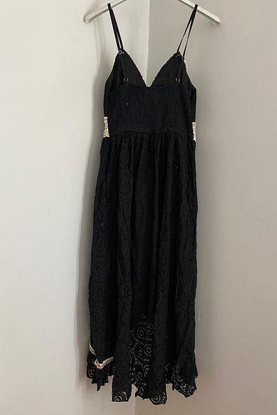 AYASOFYA OTANTIK Women's Italian Black Adjustable Rope Strap Tassel Detailed Lined Lace Dress