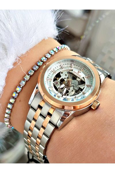 Raymond Silver Color Steel Case Cord Skeleton Business Automatic Women Wristwatch + Bracelet