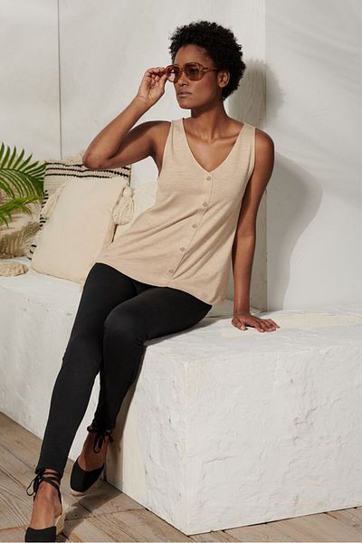 Tchibo Women V Neck Sleeveless Plain Top, Beige