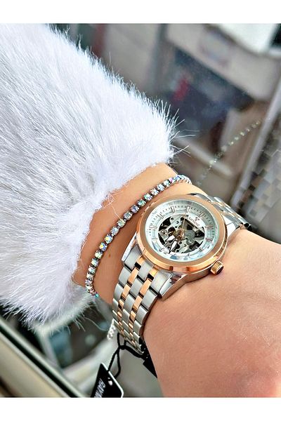 Raymond Silver Color Steel Case Cord Skeleton Business Automatic Women Wristwatch + Bracelet