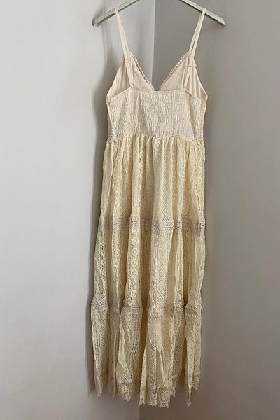 AYASOFYA OTANTIK Women's Italian Beige Adjustable Rope Strap Tassel Detailed Lined Midi Lace Dress