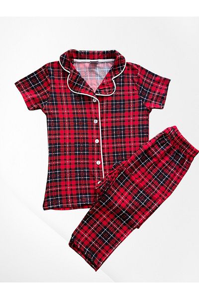 Pijamakids Girl's Milan Fabric Lycra Red Plaid Pattern Shirt Collar Piping Short Sleeve Buttoned Pajama Set
