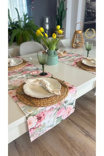 Decamor home Floral Patterned Stain-Proof Pink Ecru Runner 1 Piece