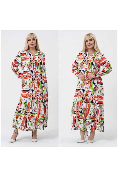 BİrHoşButik Large Size Likiçi Long Sleeve Buttoned Trend Dress Colorful Summer