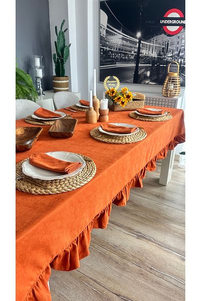 Decamor home Vintage Frilly Brick Color Table Cloth Carefree Stain Resistant
